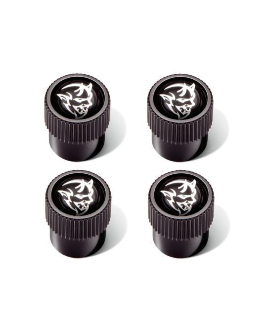 Genuine Mopar Wheel Valve Stem Caps Black With Silver Demon Logo