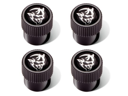 Genuine Mopar Wheel Valve Stem Caps Black With Silver Demon Logo